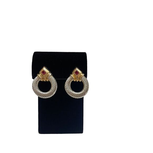Vintage 80’s Twist Silver/Gold Tone Cable Door Knocker with Red Stone Earrings - Picture 5 of 7